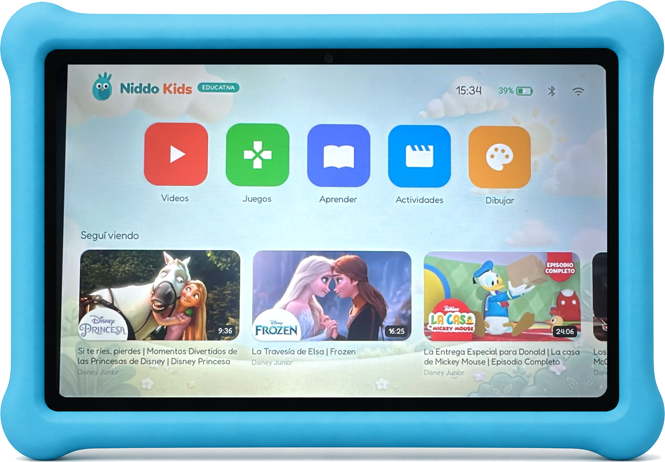 Tablet Niddo Kids con funda azul resistente, mostrando la pantalla Educativa con Videos, Juegos, Aprender, Actividades y Dibujar, y contenido de Disney (Frozen, Princesas, La Casa de Mickey Mouse)